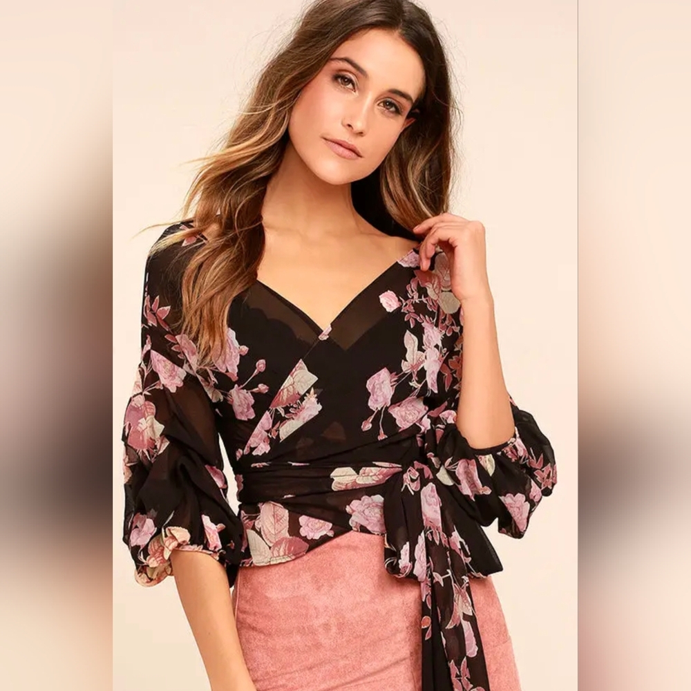 Lulu's Black Floral Wrap Blouse